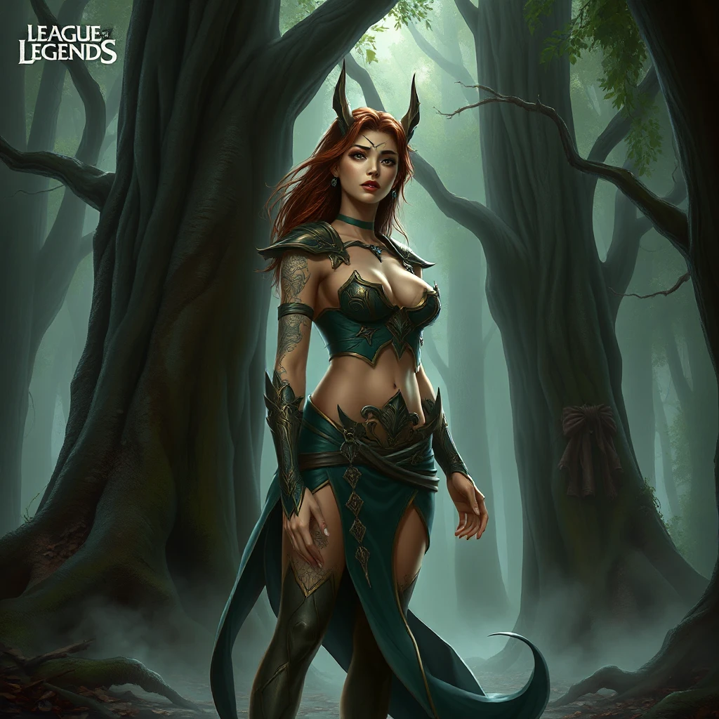 Fiora from League of Legends with dragon tattoos winding around her arms and chest, standing in a misty forest with ancient trees towering around her, her presence exuding strength and grace.