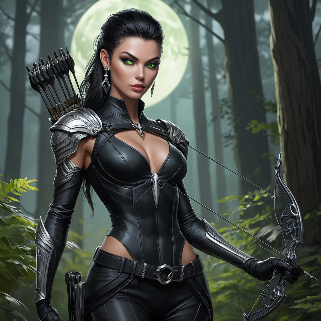 Vayne, the nocturnal huntress with piercing green eyes and a sleek, black outfit, her skin adorned with dark, shadowy tattoos that seem to shift and move, standing in a moonlit forest with a silver crossbow in hand.