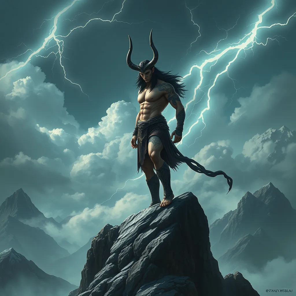 A powerful Vex with ancient rune tattoos, standing atop a mountain peak, with storm clouds brewing in the background and lightning striking around them.