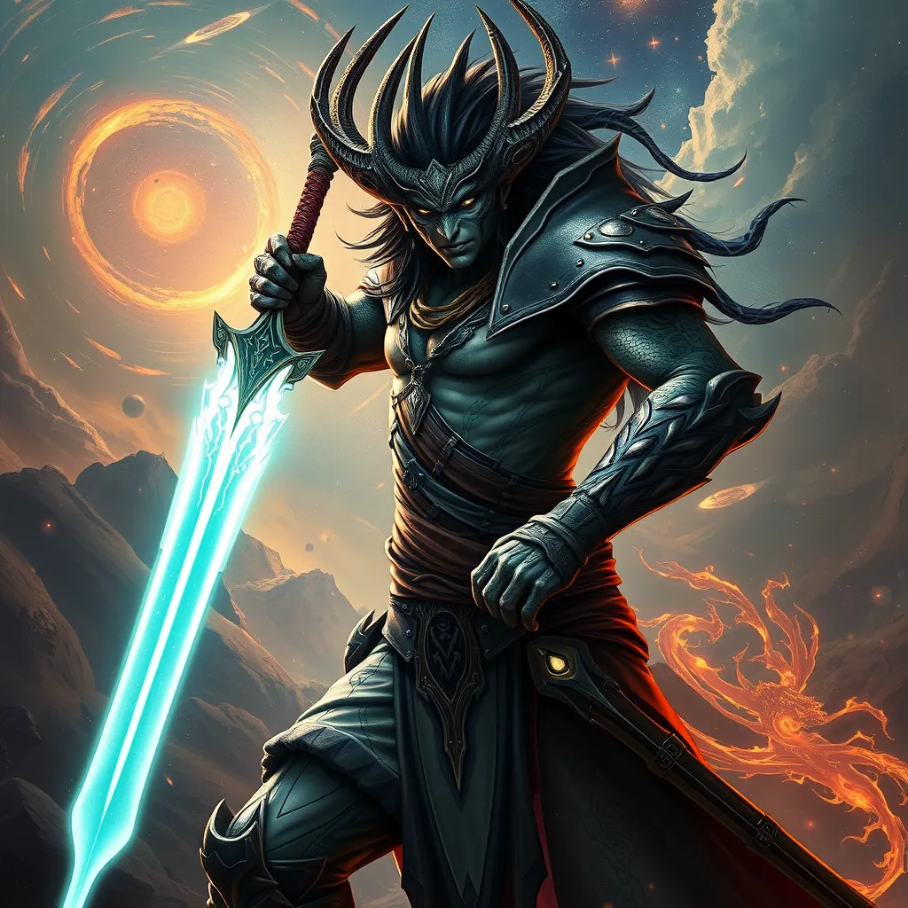 A fierce Vex warrior with dragon-themed tattoos, wielding a glowing energy sword, set against a backdrop of a cosmic battlefield with swirling galaxies.