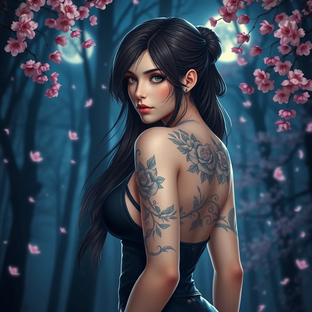 Tifa Lockhart with elegant, floral tattoos adorning her shoulders and upper back, standing in a serene, moonlit forest with cherry blossoms falling around her.