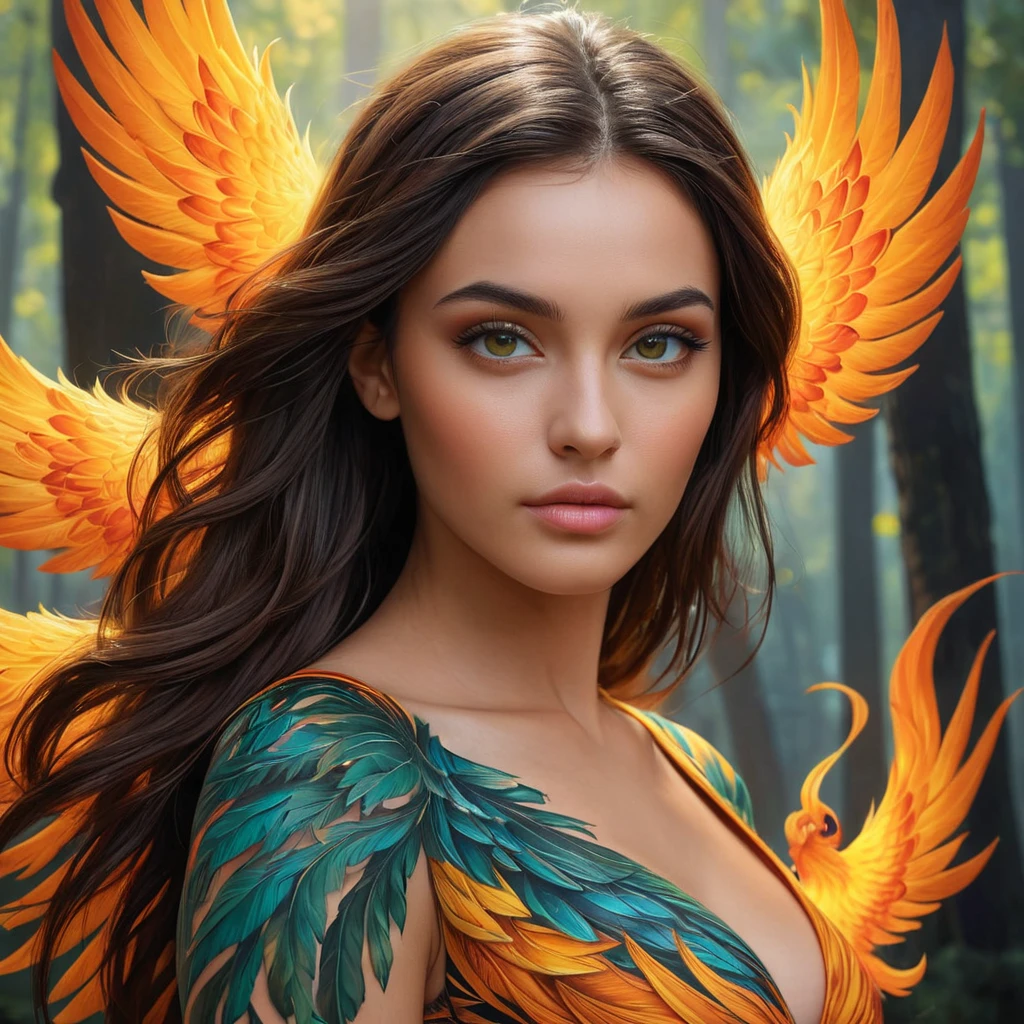 Samira, with her captivating eyes and a full-sleeve tattoo of a phoenix rising from flames, is depicted in a serene forest setting. The tattoo seems to come alive, with the phoenix's wings gently fluttering as if ready to take flight.