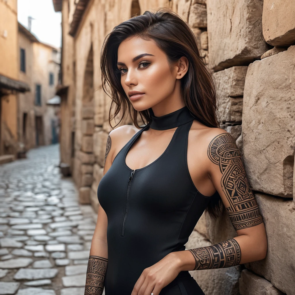 Sona, sporting bold, geometric tattoos that trace the contours of her face and neck, wearing a sleek, black bodysuit with her etwahl strapped to her back, leaning against a stone wall in a bustling, ancient marketplace.