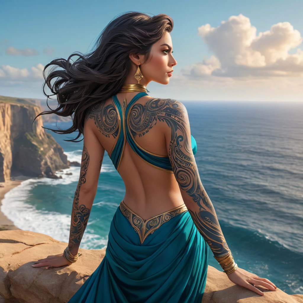 Sivir, the enigmatic wanderer, her arms and back covered in vibrant, swirling tattoos that seem to move with her every breath, standing at the edge of a cliff overlooking a vast ocean.