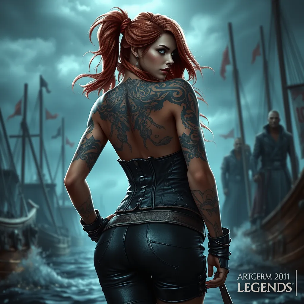 Miss Fortune from League of Legends, her arms and back covered in tribal tattoos that symbolize her pirate heritage, wearing a revealing corset and leather pants, standing in a stormy harbor with her crew in the background, dramatic lighting, hyper-realistic, 8K resolution