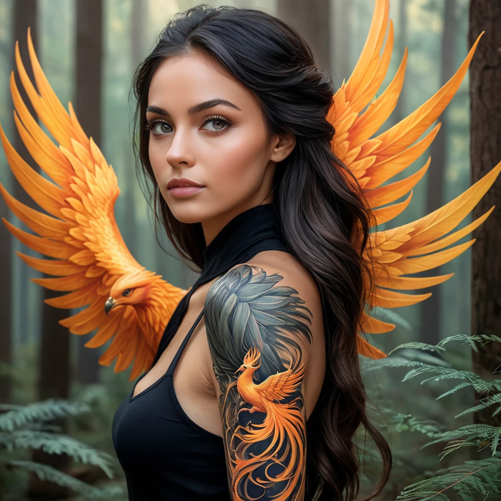 Samira, with her captivating eyes and a full-sleeve tattoo of a phoenix rising from flames, is depicted in a serene forest setting. The tattoo seems to come alive, with the phoenix's wings gently fluttering as if ready to take flight.