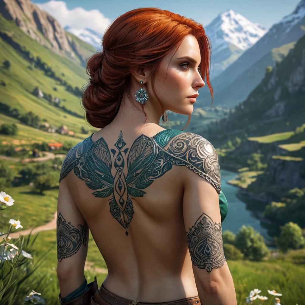 Triss Merigold, the compassionate and powerful mage from The Witcher 3, with tattoos that tell the story of her journey and battles, standing in a serene mountain valley, her hair cascading down her back, and her eyes reflecting both sorrow and hope.