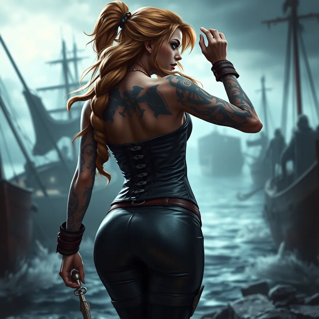 Miss Fortune from League of Legends, her arms and back covered in tribal tattoos that symbolize her pirate heritage, wearing a revealing corset and leather pants, standing in a stormy harbor with her crew in the background, dramatic lighting, hyper-realistic, 8K resolution