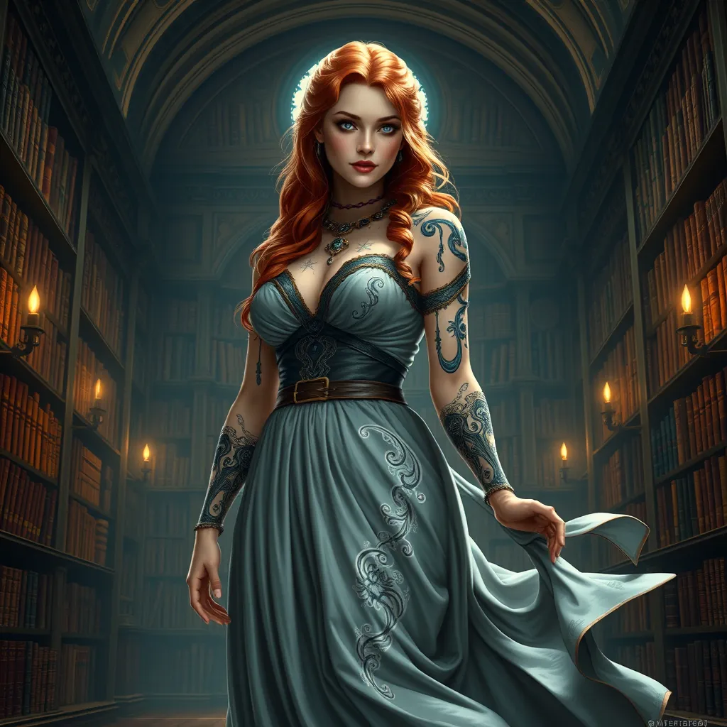 Triss Merigold, the beloved sorceress from The Witcher 3, with elegant tattoos that form a magical circle around her arms, standing in a grand library filled with ancient tomes, her dress flowing gracefully, and her eyes filled with wisdom and determination.