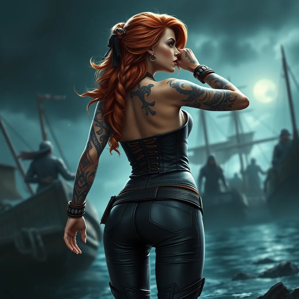 Miss Fortune from League of Legends, her arms and back covered in tribal tattoos that symbolize her pirate heritage, wearing a revealing corset and leather pants, standing in a stormy harbor with her crew in the background, dramatic lighting, hyper-realistic, 8K resolution