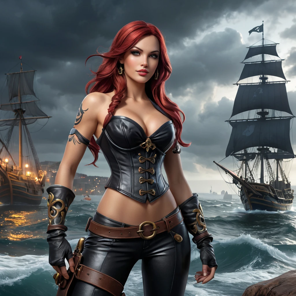 Miss Fortune from League of Legends, her arms and back covered in tribal tattoos that symbolize her pirate heritage, wearing a revealing corset and leather pants, standing in a stormy harbor with her crew in the background, dramatic lighting, hyper-realistic, 8K resolution