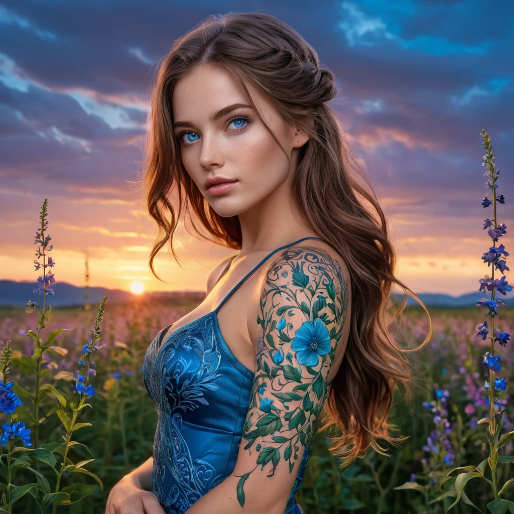 Katarina, a striking woman with mesmerizing blue eyes, adorned with intricate floral tattoos that cascade down her arms like blooming vines, standing amidst a field of vibrant wildflowers under a twilight sky.