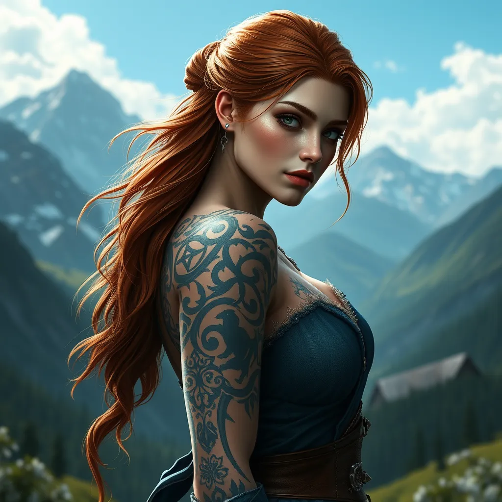 Triss Merigold, the compassionate and powerful mage from The Witcher 3, with tattoos that tell the story of her journey and battles, standing in a serene mountain valley, her hair cascading down her back, and her eyes reflecting both sorrow and hope.