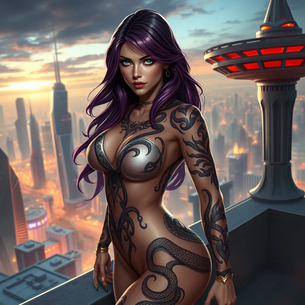 Katarina from League of Legends with elegant, snake-themed tattoos winding around her body, standing on a rooftop overlooking a futuristic cityscape, her eyes glowing with a fierce determination.