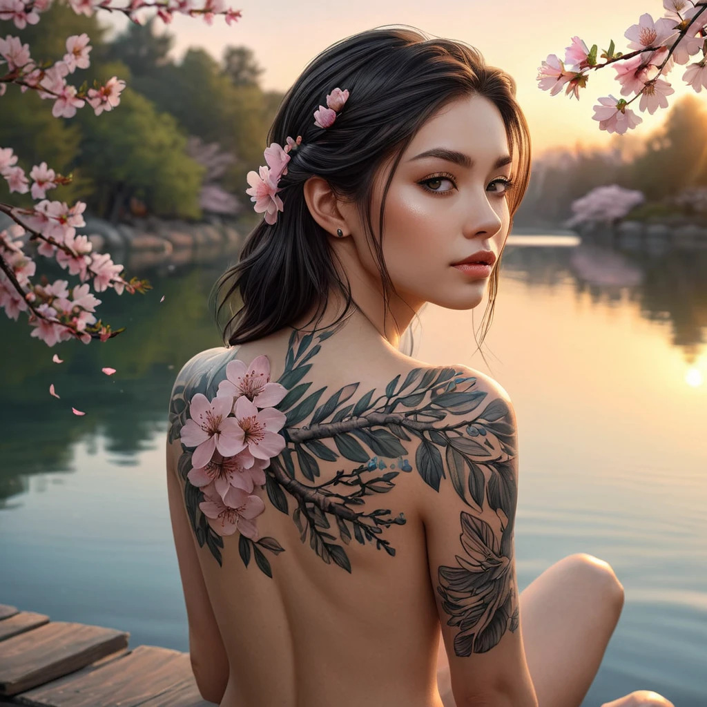 A serene Vex with nature-inspired tattoos, sitting by a tranquil lake at sunset, with cherry blossom petals gently falling around them.