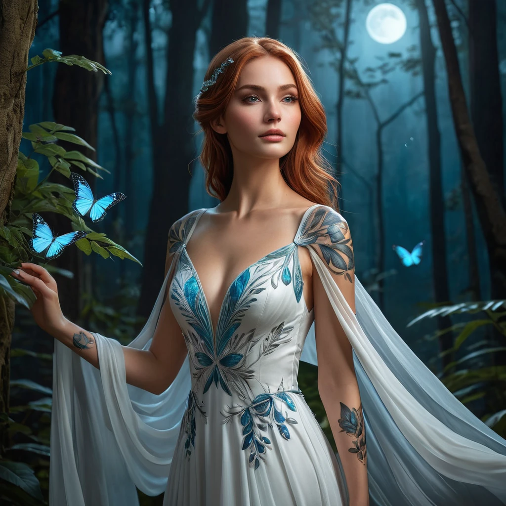 Katarina, a ethereal beauty with delicate butterfly tattoos fluttering across her shoulders and neck, wearing a flowing white gown, standing in a moonlit forest with bioluminescent plants glowing around her.