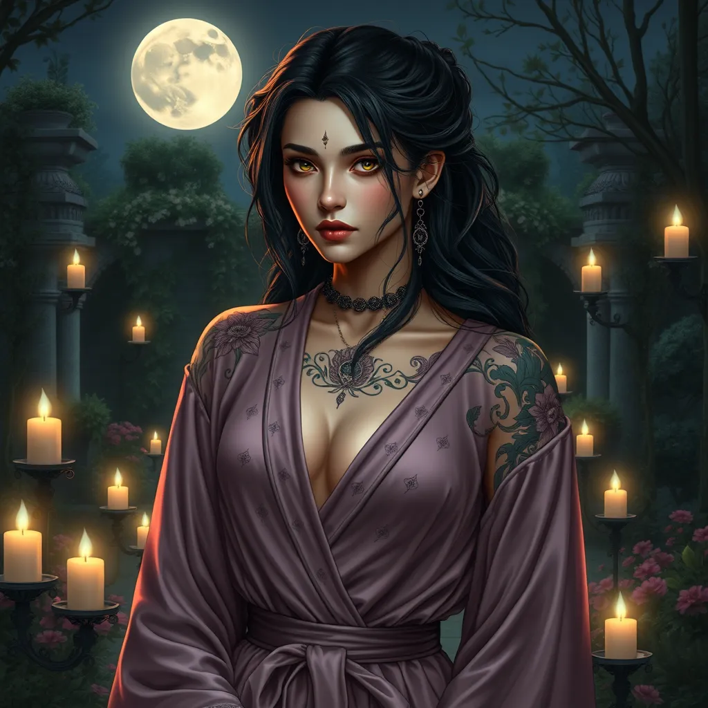 Yennefer with delicate, floral tattoos that intertwine with magical symbols, dressed in a luxurious, velvet robe, standing in a serene garden with floating candles and a full moon overhead, her presence exuding both power and grace.