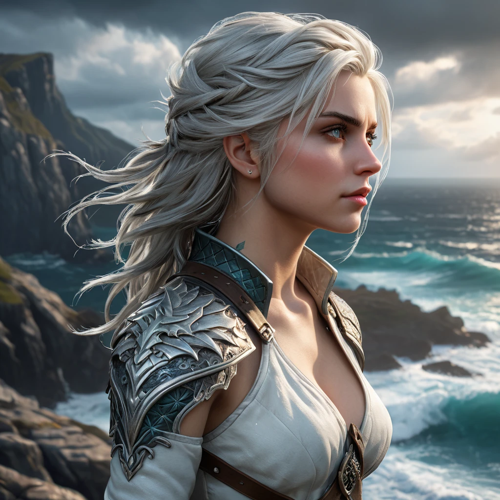 Ciri from The Witcher 3, adorned with mystical dragon tattoos that shimmer with ethereal light, standing on a cliff overlooking a stormy sea, wind blowing her hair, dramatic sky, ultra-detailed, 8K