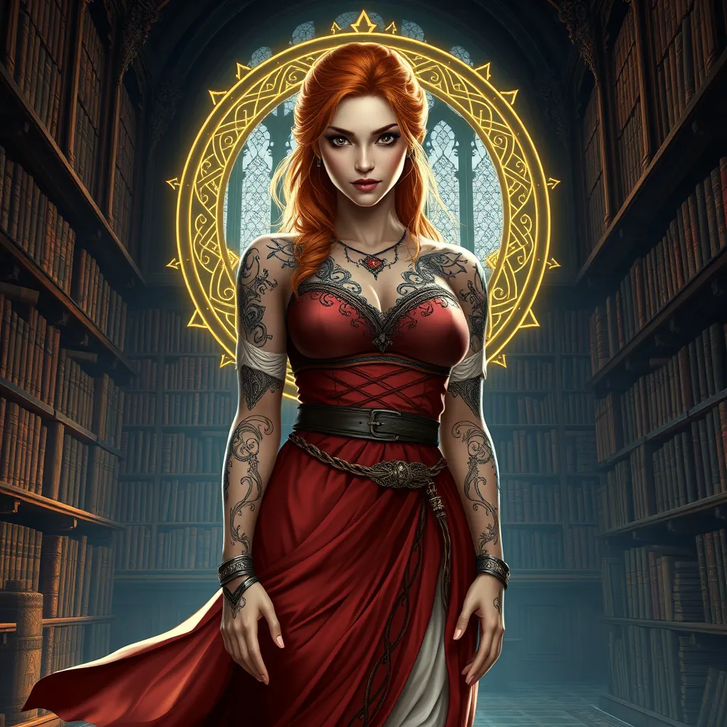 Triss Merigold, the beloved sorceress from The Witcher 3, with elegant tattoos that form a magical circle around her arms, standing in a grand library filled with ancient tomes, her dress flowing gracefully, and her eyes filled with wisdom and determination.