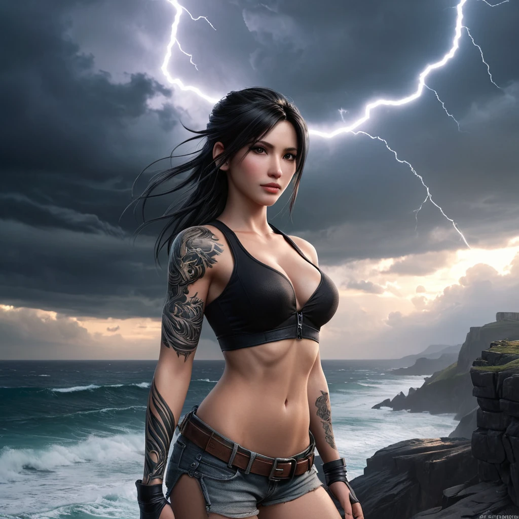 Tifa Lockhart with mystical, dragon-themed tattoos winding around her arms and chest, standing on a cliff overlooking a stormy sea, with lightning illuminating the sky.