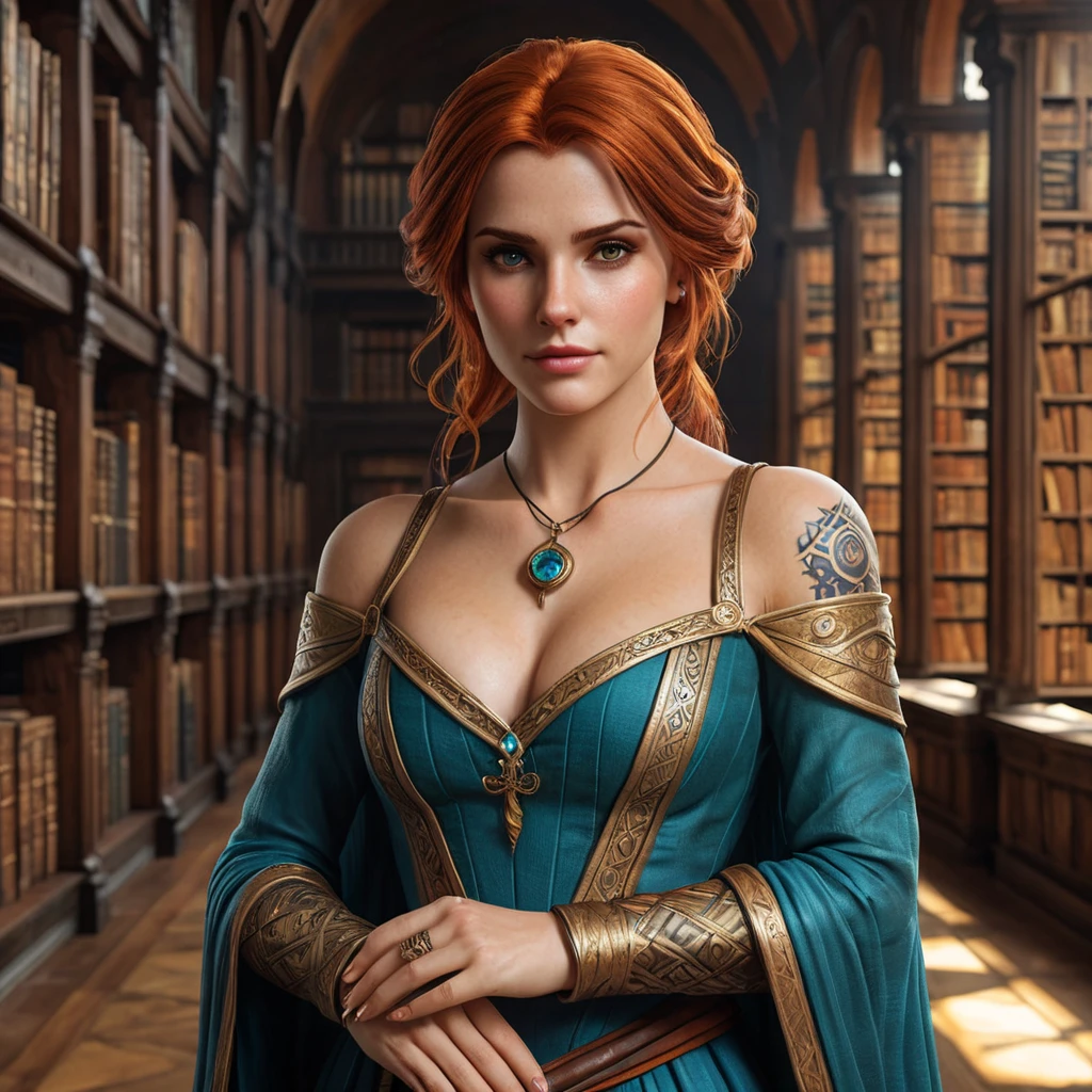 Triss Merigold, the beloved sorceress from The Witcher 3, with elegant tattoos that form a magical circle around her arms, standing in a grand library filled with ancient tomes, her dress flowing gracefully, and her eyes filled with wisdom and determination.