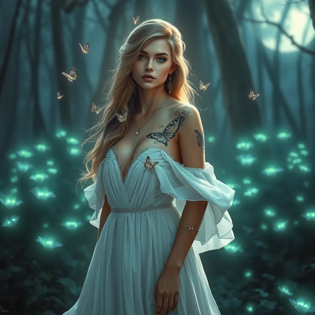 Katarina, a ethereal beauty with delicate butterfly tattoos fluttering across her shoulders and neck, wearing a flowing white gown, standing in a moonlit forest with bioluminescent plants glowing around her.