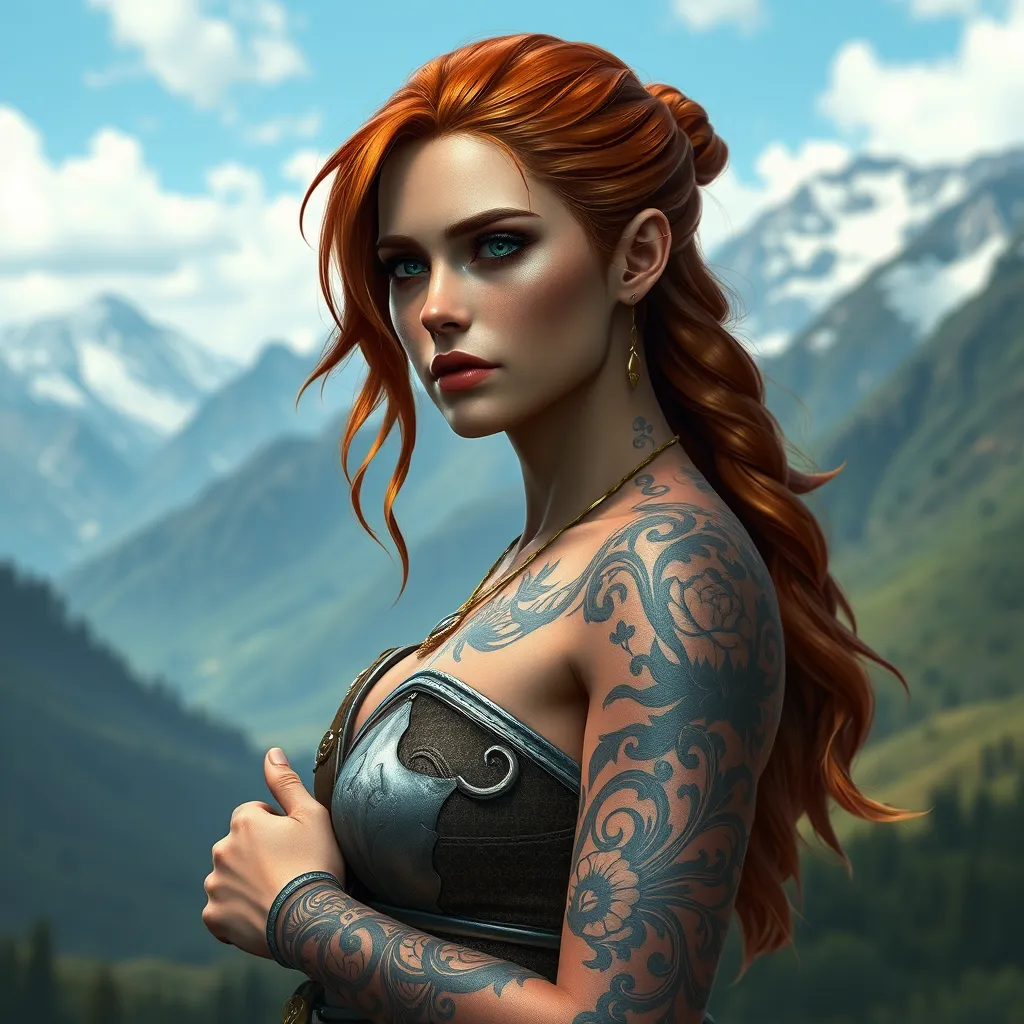 Triss Merigold, the compassionate and powerful mage from The Witcher 3, with tattoos that tell the story of her journey and battles, standing in a serene mountain valley, her hair cascading down her back, and her eyes reflecting both sorrow and hope.