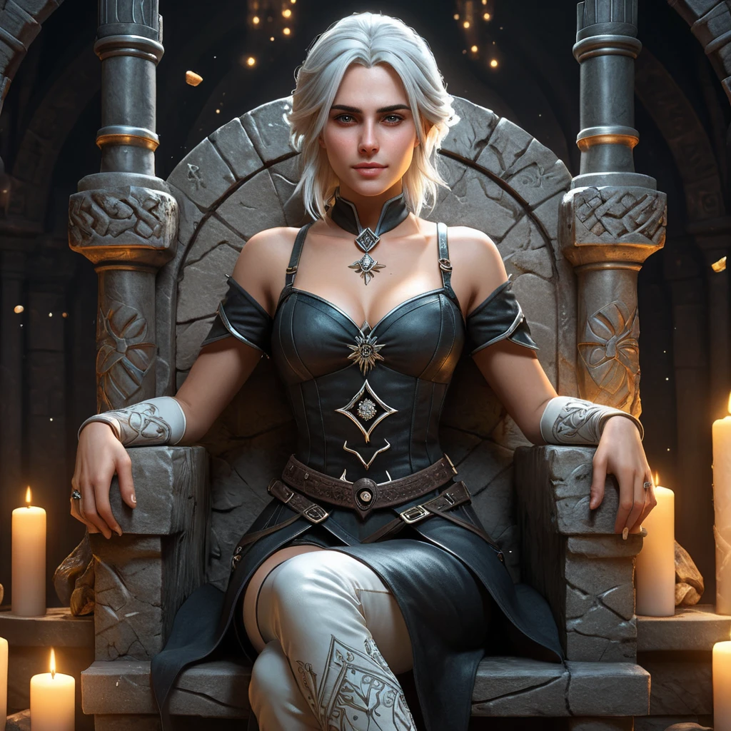 Ciri from The Witcher 3, with elegant floral tattoos intertwined with magical symbols, sitting on a throne made of ancient stone, surrounded by floating candles and glowing crystals, fantasy art style, 8K