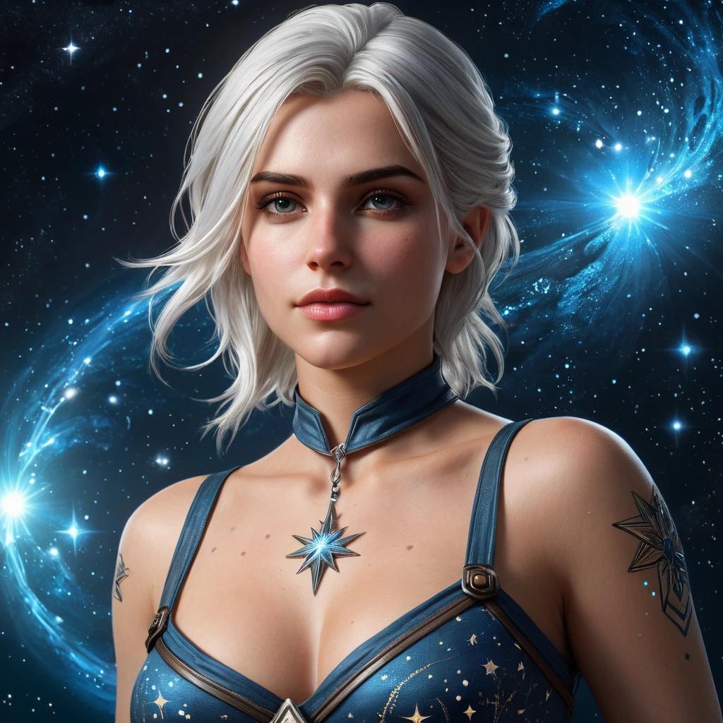 Ciri from The Witcher 3, with celestial tattoos representing stars and constellations, floating in a cosmic void with galaxies swirling around her, soft ethereal glow, ultra-detailed, 8K