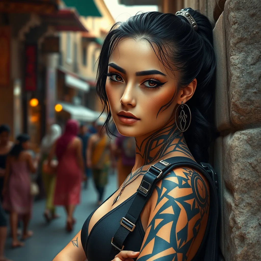 Sona, sporting bold, geometric tattoos that trace the contours of her face and neck, wearing a sleek, black bodysuit with her etwahl strapped to her back, leaning against a stone wall in a bustling, ancient marketplace.