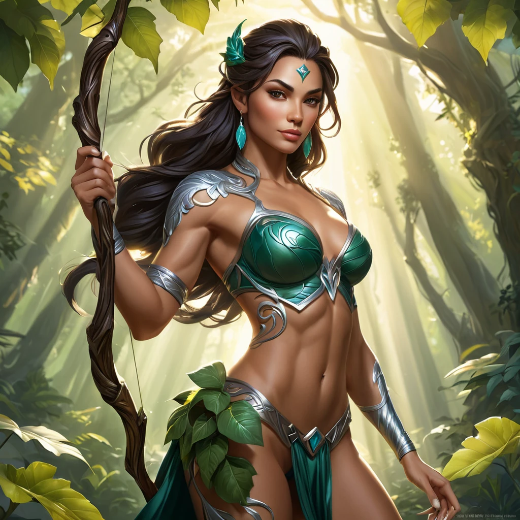 A majestic Nidalee with elegant, flowing tattoos that resemble vines and leaves, intertwined with her muscular physique, standing in a sunlit clearing with rays of light piercing through the canopy, her bow drawn and ready.