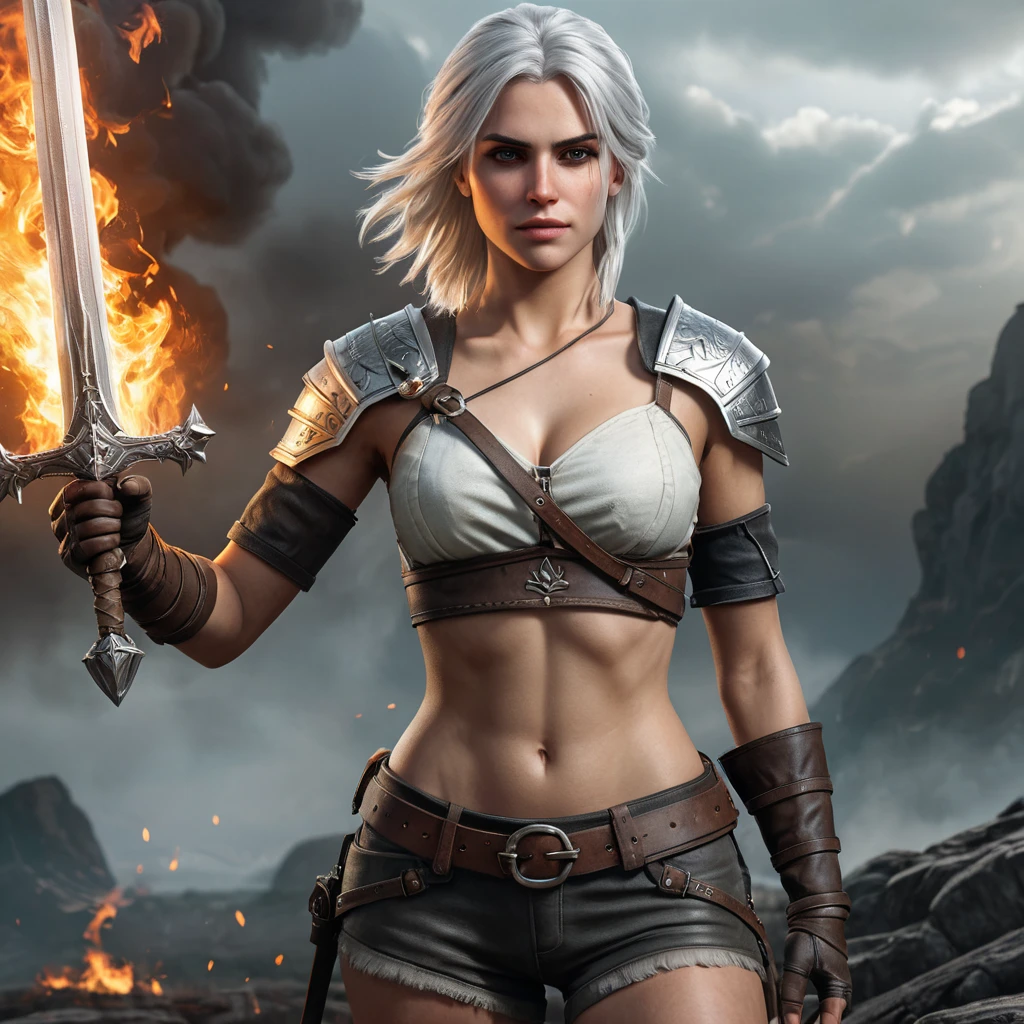 Ciri from The Witcher 3, with warrior-themed tattoos depicting battles and mythical creatures, wielding a glowing silver sword, standing in a battlefield with smoke and fire, intense action pose, hyper-realistic, 8K