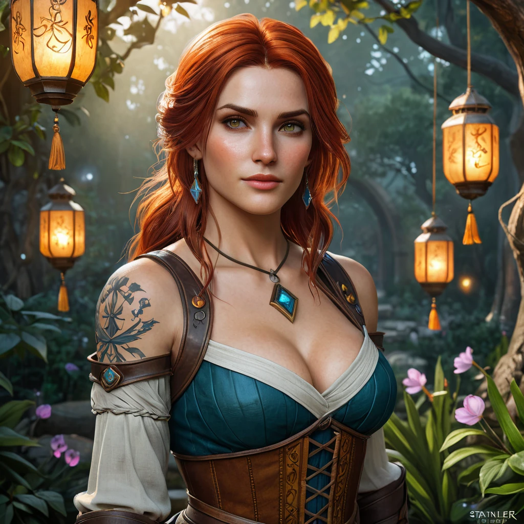 Triss Merigold, the fierce and beautiful sorceress from The Witcher 3, with tattoos that resemble magical runes and symbols, standing in a mystical garden with floating lanterns and glowing flowers, her presence exuding both strength and grace.