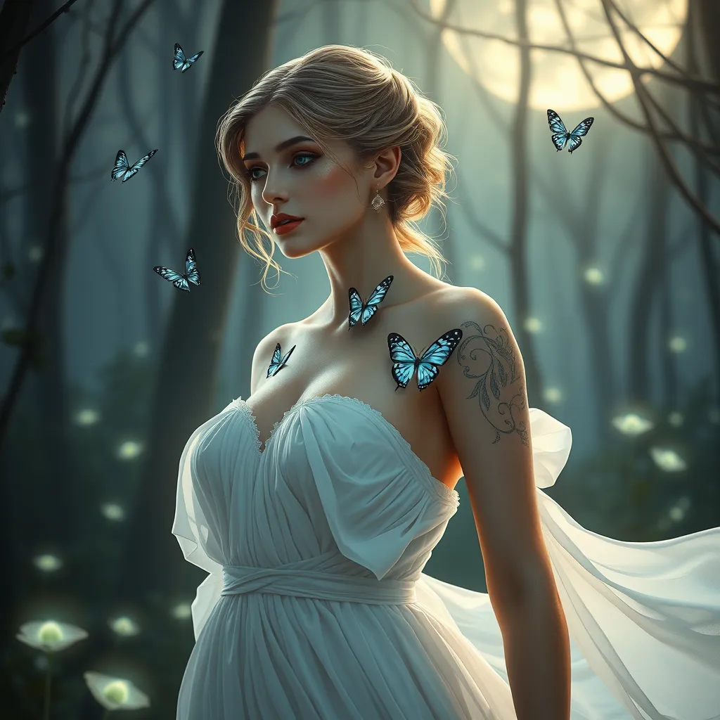 Katarina, a ethereal beauty with delicate butterfly tattoos fluttering across her shoulders and neck, wearing a flowing white gown, standing in a moonlit forest with bioluminescent plants glowing around her.