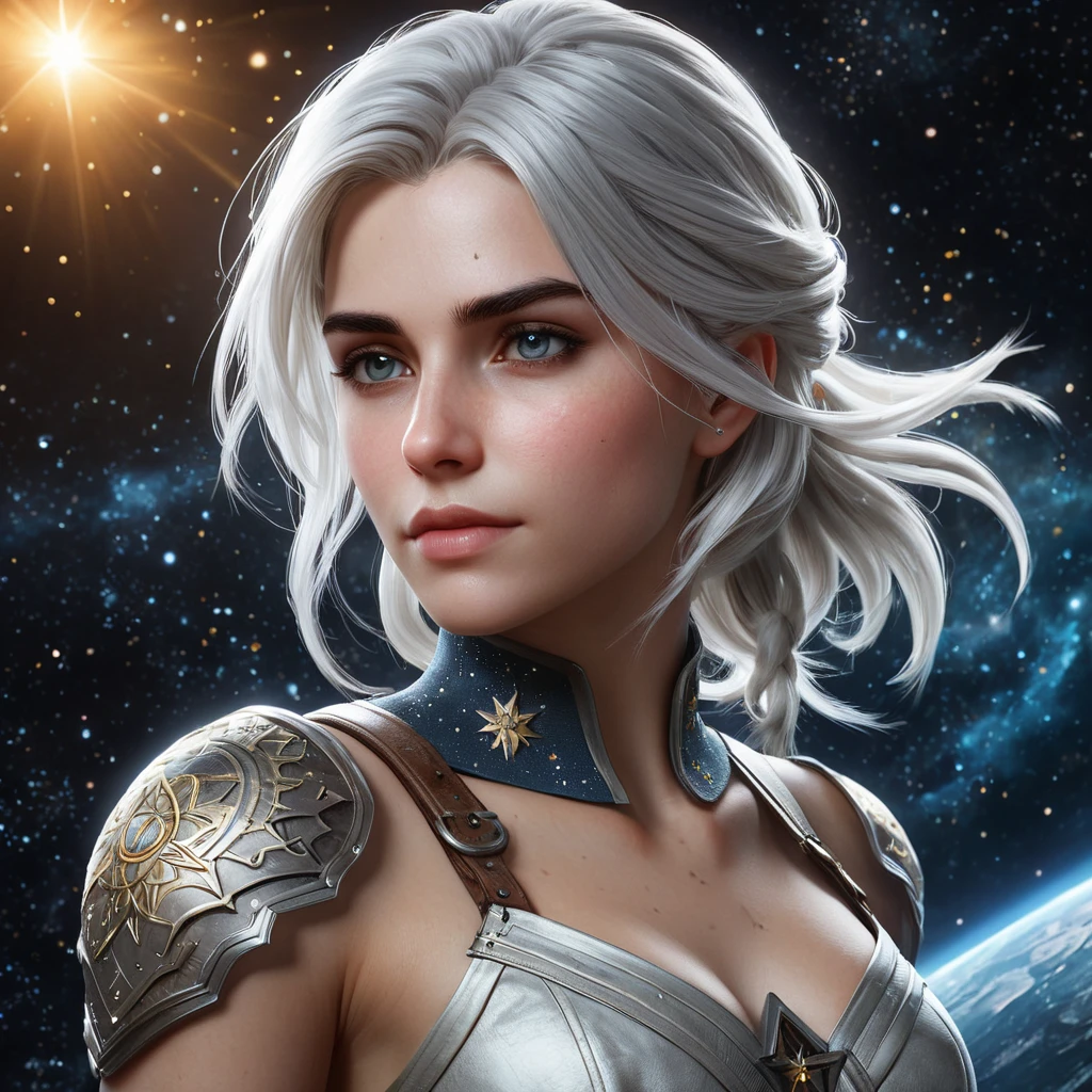 Ciri from The Witcher 3, with celestial tattoos representing stars and constellations, floating in a cosmic void with galaxies swirling around her, soft ethereal glow, ultra-detailed, 8K