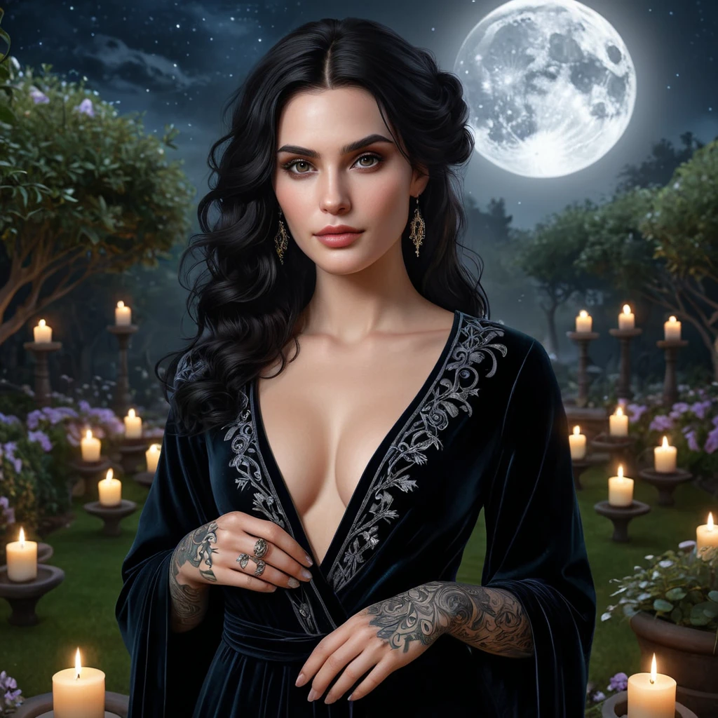 Yennefer with delicate, floral tattoos that intertwine with magical symbols, dressed in a luxurious, velvet robe, standing in a serene garden with floating candles and a full moon overhead, her presence exuding both power and grace.