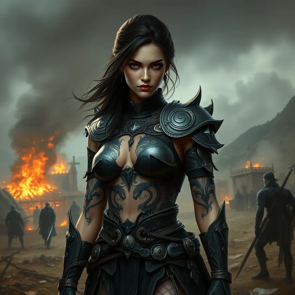 Yennefer with mystical, dragon-themed tattoos that wrap around her body, wearing a battle-worn, yet elegant armor, standing in a battlefield with a backdrop of a burning village, her expression fierce and determined.