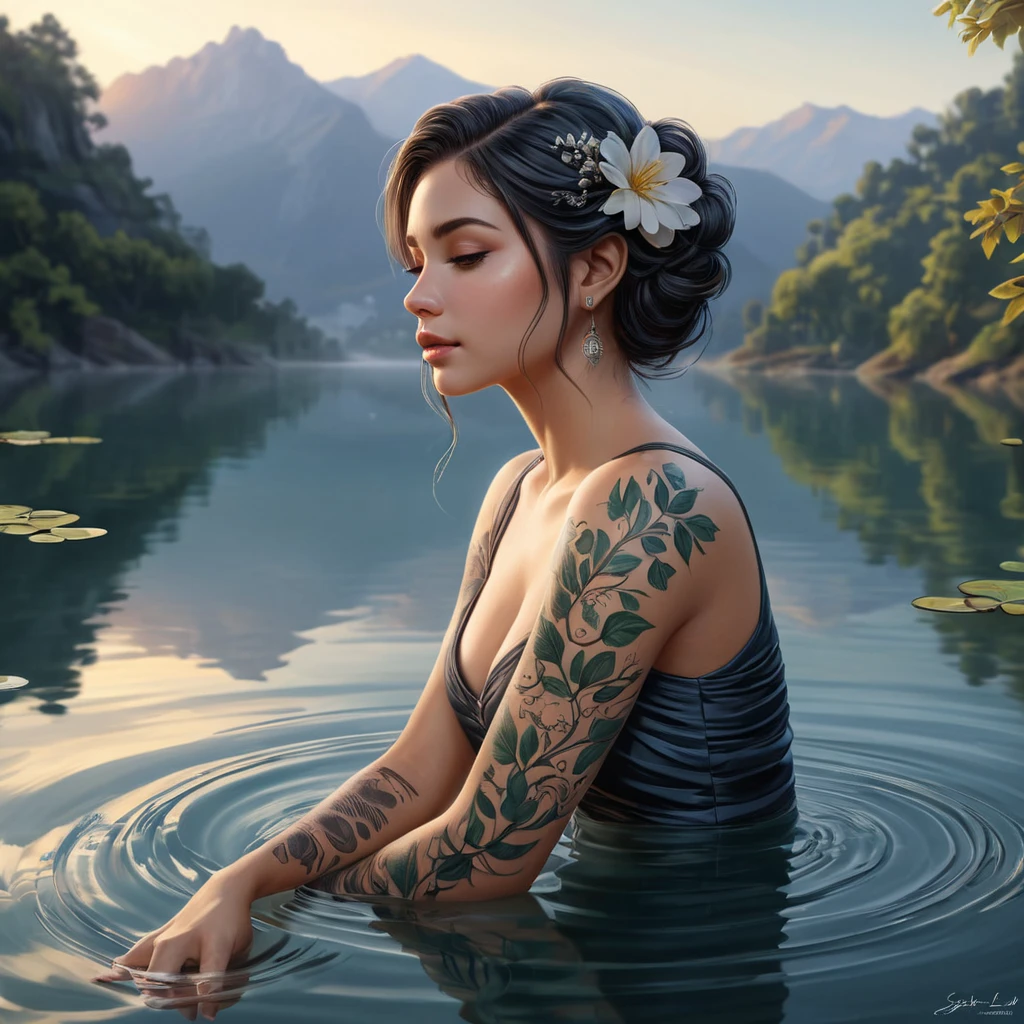 A serene Sona with vine and flower tattoos, sitting by a serene lake at dawn, with her music notes creating ripples in the water.