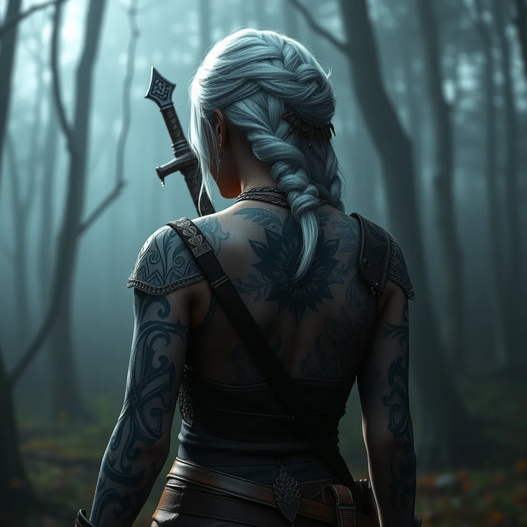 Ciri from The Witcher 3 with intricate tribal tattoos covering her arms and back, standing in a misty forest, cinematic lighting, hyper-realistic, 8K resolution