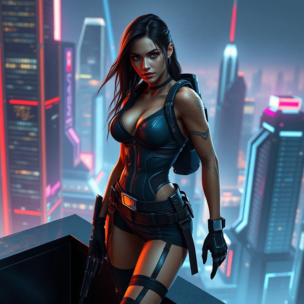 Lara Croft, in a futuristic cityscape, wearing a sleek, high-tech outfit, standing on a skyscraper ledge, neon lights reflecting off her gear, cyberpunk style, intense focus, high detail