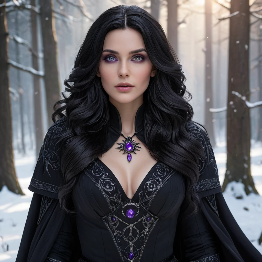 Yennefer of Vengerberg, standing elegantly in a snow-covered forest, with her long, flowing black hair and piercing violet eyes, wearing her signature dark sorceress robes, with magical energy swirling around her, cinematic lighting, high detail, 8k