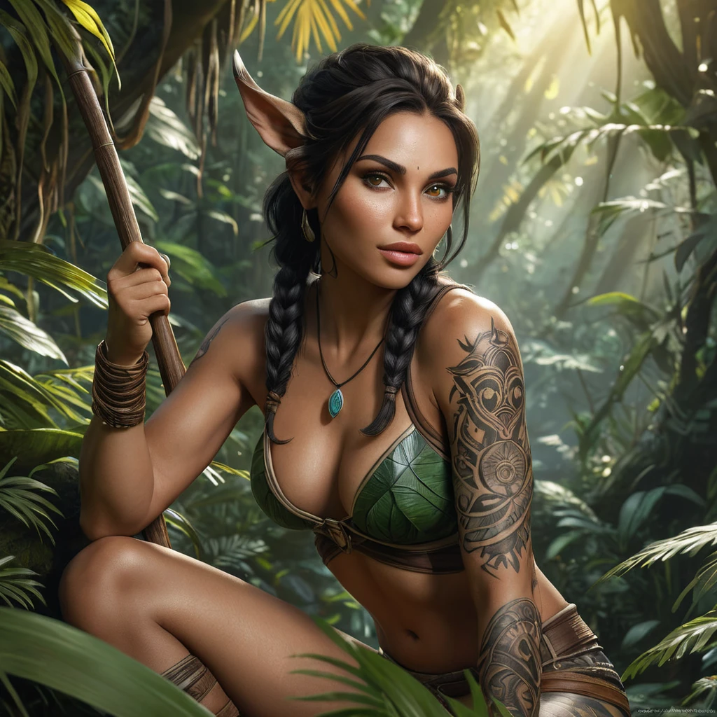 Nidalee, the primal huntress with animalistic tattoos on her face and body, crouched in a hidden jungle clearing, natural light filtering through the trees, realistic texture, photorealistic style