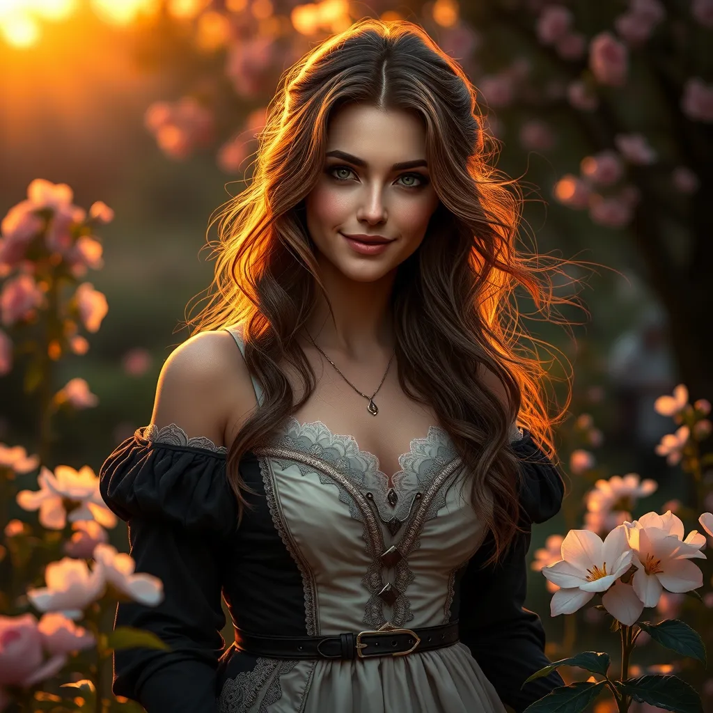 Yennefer, in a serene garden at sunset, with blooming flowers and a gentle breeze, her expression soft and serene, with a gentle smile, her hair gently flowing, ultra-realistic, 8k