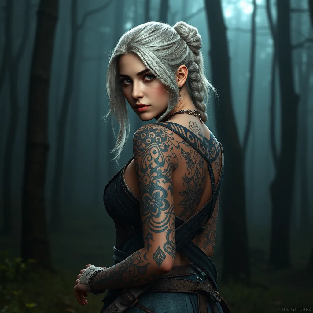 Ciri from The Witcher 3 with intricate tribal tattoos covering her arms and back, standing in a misty forest, cinematic lighting, hyper-realistic, 8K resolution