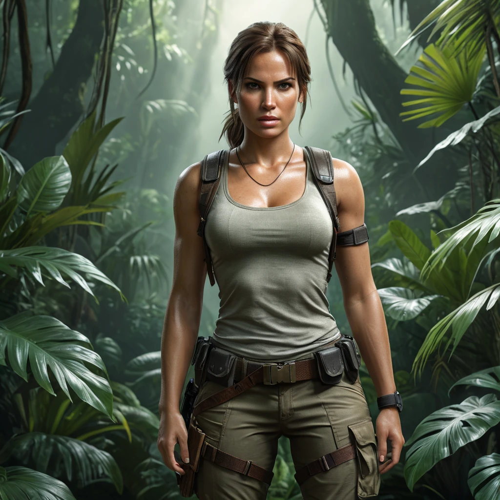 Lara Croft, standing in a lush jungle, wearing her iconic dual pistols and cargo pants, with a determined expression, cinematic lighting, hyper-realistic, 8K resolution, dynamic composition