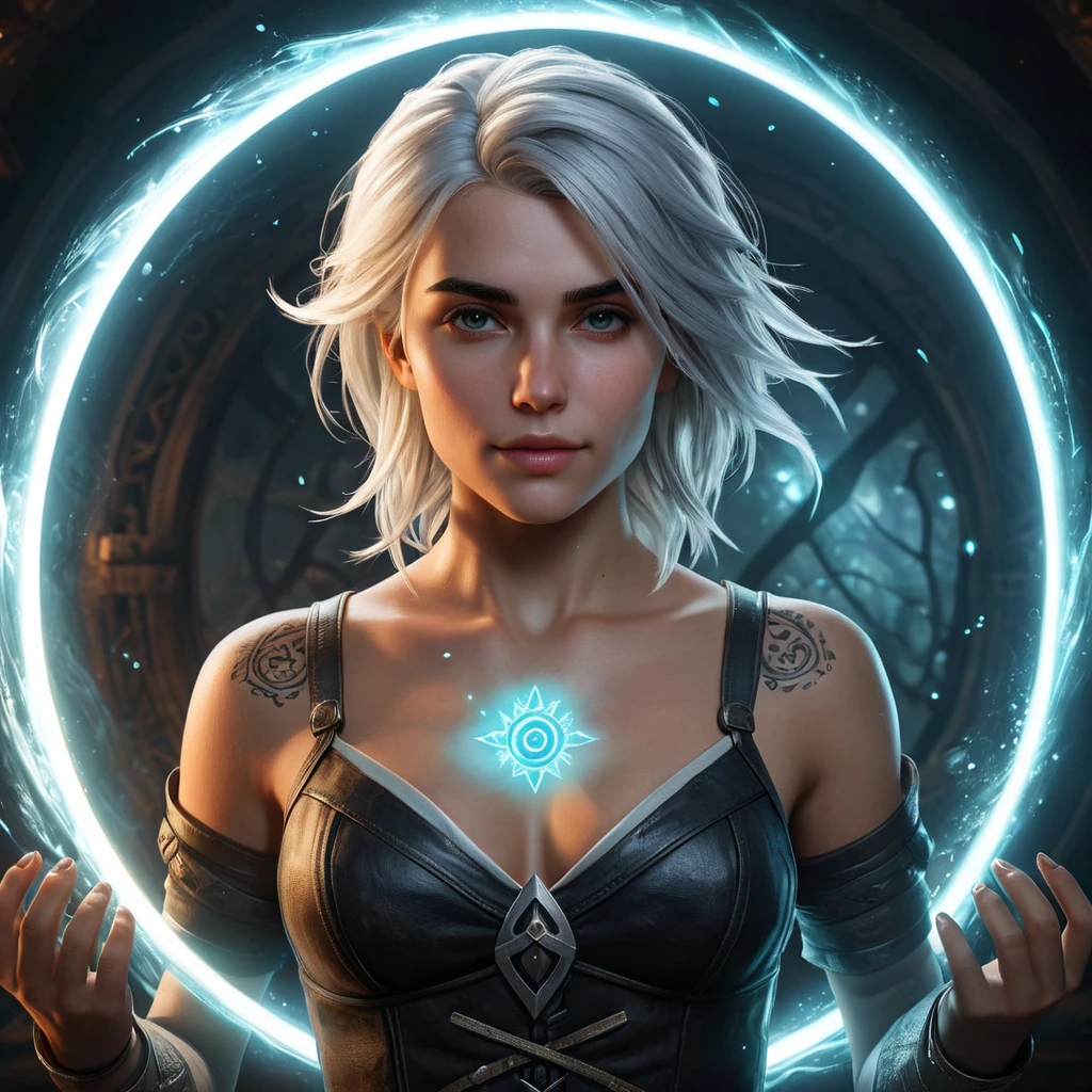 Ciri from The Witcher 3 with mystical rune tattoos glowing on her skin, floating in a magical vortex, ethereal atmosphere, soft lighting, hyper-realistic, 8K