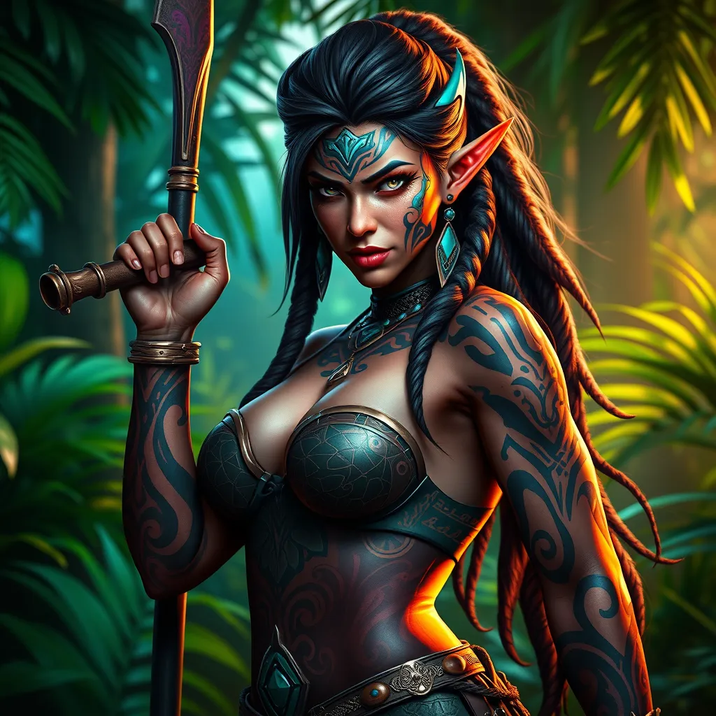 Nidalee, the fierce huntress with tribal tattoos covering her arms and face, standing in a lush jungle, dynamic pose, vibrant colors, hyper-realistic, cinematic lighting