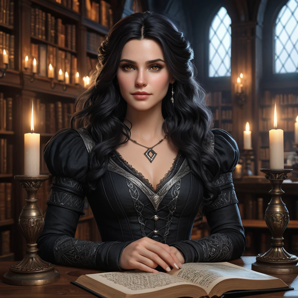 Yennefer, in a grand, candlelit library, surrounded by ancient tomes and glowing magical runes, her expression contemplative and powerful, with a soft, ethereal glow highlighting her features, ultra-realistic, 8k