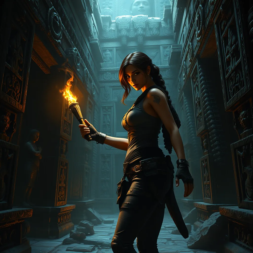 Lara Croft, exploring an ancient temple, torch in hand, surrounded by intricate stone carvings, dramatic shadows, high contrast, detailed textures, epic adventure scene