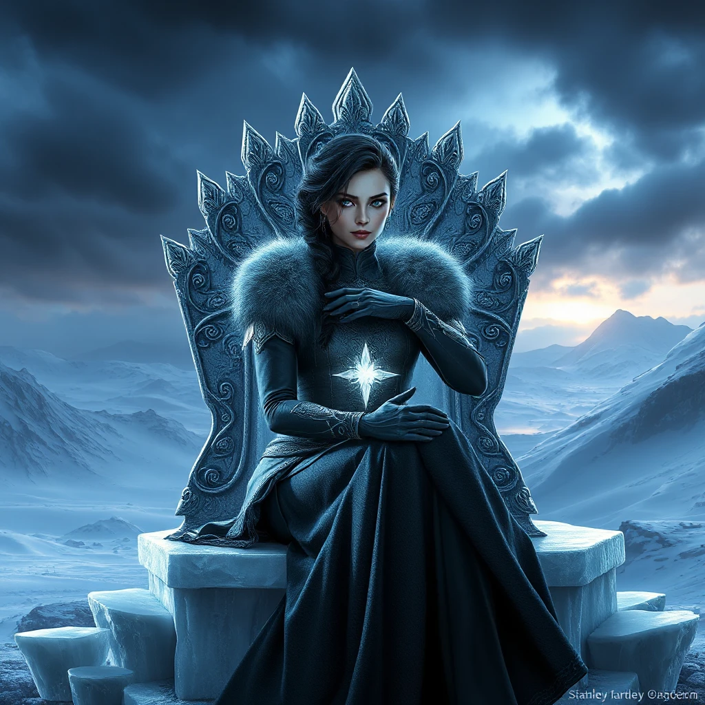 Yennefer, sitting on a throne of ice, her eyes glowing with magical power, with a backdrop of a frozen landscape and a stormy sky, her expression cold and commanding, ultra-realistic, 8k